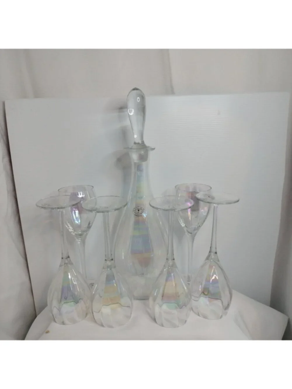 Hand blown Iridescent Toscany Wine SeT 6 Glasses Decanter W/Stopper Romania New